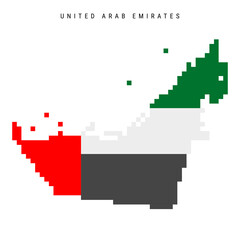 United Arab Emirates pixel flag map icon. 8 bit pixel art UAE map covered with flag. Flat vector illustration isolated on white background.
