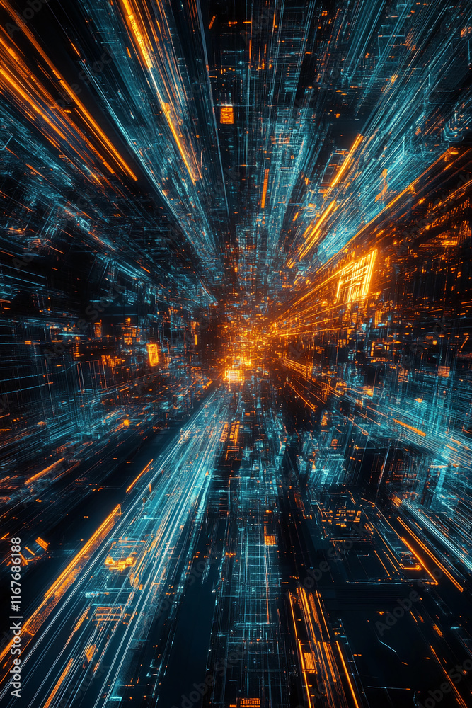 Aufkleber abstract digital data flow in 3d with glowing neon orange and blue lines.