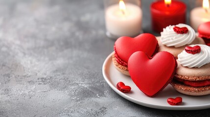 Fototapeta premium Celebrating love with heart-shaped macarons cozy candlelit setting food photography romantic atmosphere close-up view