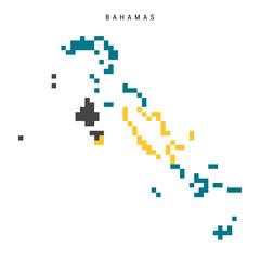 Fototapeta premium Bahamas pixel flag map icon. 8 bit pixel art Bahamian map covered with flag. Flat vector illustration isolated on white background.