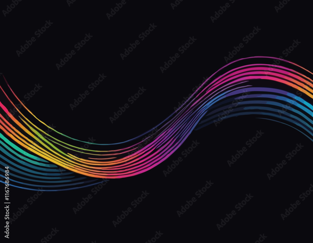 Poster abstract lines with gradients on a black background. a color squiggle curve pattern shape. vector ra