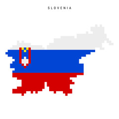 Slovenia pixel flag map icon. 8 bit pixel art Slovenian map covered with flag. Flat vector illustration isolated on white background.
