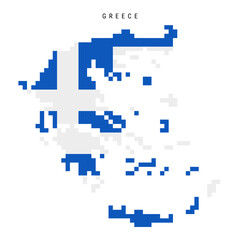 Greece pixel flag map icon. 8 bit pixel art Greek map covered with flag. Flat vector illustration isolated on white background.