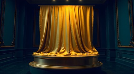 Soft cinematic haze. Deep ultraviolet hues. Golden luxurious fabric on gold pedestal. Vivid purples, high contrast, soft focus, hazy background. Museum gallery 