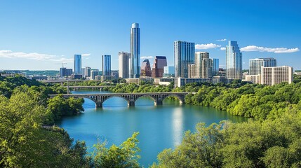 Fototapeta premium Austin skyline overlooking lady bird lake cityscape photography bright day vibrant scene