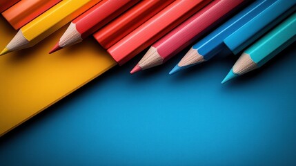Obraz premium A vibrant arrangement of colored pencils on a blue background for artistic use.