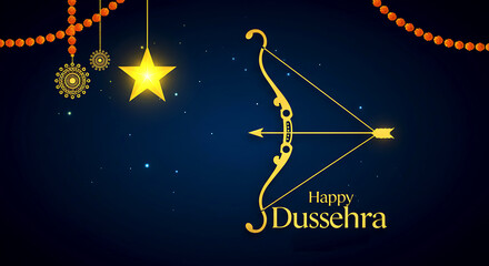 Vibrant Dussehra Celebration Featuring Golden Bow and Arrow with Sparkling Lights
