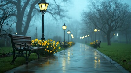 Obraz premium Romantic evening stroll on a misty path with illuminated lanterns and blooming flowers