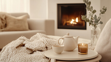 Cozy living room with fireplace, tea set, and soft blankets
