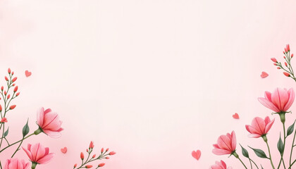 Fototapeta premium Pink flowers with hearts on soft pastel background