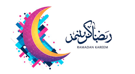 Vibrant Ramadan Kareem Greeting with Colorful Crescent Moon and Arabic Calligraphy
