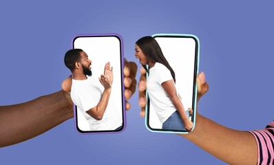 A couple uses their smartphones to connect, sharing joyful moments through text messages. Their...