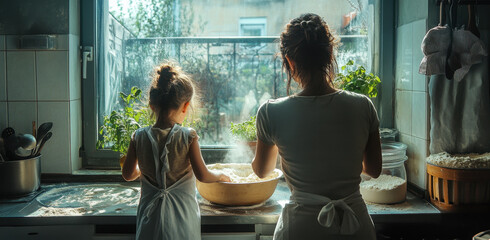 A mother and her daughter are engaged in making dough in a bright kitchen. They enjoy the moment as they work together, surrounded by fresh herbs and sunlight pouring in through the window.