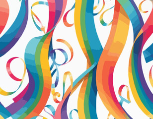 Abstract 3D Pattern with Squiggle Gradient Lines. Curve and Dynamic Rainbow Shapes on a White Background. Bright Colorful Carnival Party Ribbons