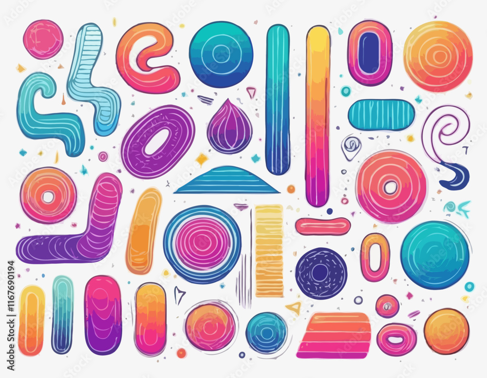 Poster set of gradient lines in doodle style. abstract 3d graphic design elements. vector color squiggle sh