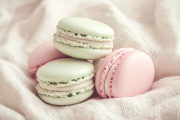 Fototapeta premium Pastel macarons on soft fabric