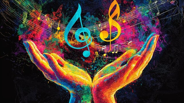 Hands offering colorful music notes in a vibrant artistic representation of sound and creativity