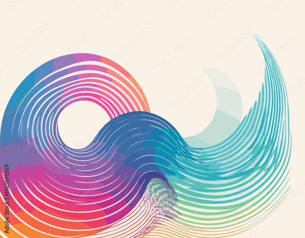 Fototapete Abstract Background with Color Gradient Line Pattern. 3D Shape Graphic Element. Vector Design with Curve and Spiral Ribbon Waves