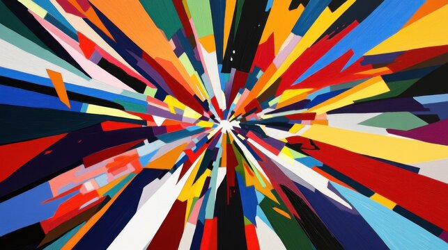 A series of sharp, angular shards breaking apart as if in motion, radiating from a central diagonal axis. Each shard alternates between bold colors,