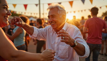 Joyful elderly Hispanic man dancing at community party, Zero Discrimination Day