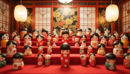 Intricate arrangement of hina dolls on red carpet, Hinamatsuri celebration
