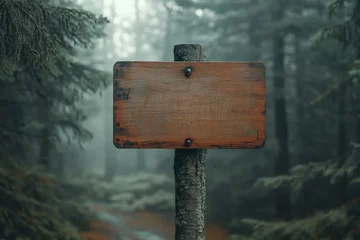 Fototapete Rund Empty wooden signpost in misty forest © Aleksandr