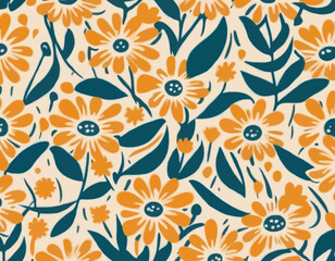 Decorative Boho Seamless Pattern with Daisy Flowers. Vector Floral Groovy Bg. Abstract Retro Background in Matisse Style
