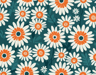 Decorative Boho Seamless Pattern with Daisy Flowers. Vector Floral Groovy Bg. Abstract Retro Background in Matisse Style