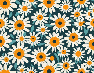 Decorative Boho Seamless Pattern with Daisy Flowers. Vector Floral Groovy Bg. Abstract Retro Background in Matisse Style