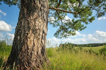 Fototapeta premium Tree trunk, grassy field, blue sky, summer day.