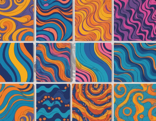 Set of Wavy Seamless Trippy Patterns in Psychedelic Colors. Abstract Vector Swirl Backgrounds. 70s Aesthetic Textures with Flowing Waves