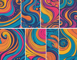 Set of Wavy Seamless Trippy Patterns in Psychedelic Colors. Abstract Vector Swirl Backgrounds. 70s Aesthetic Textures with Flowing Waves