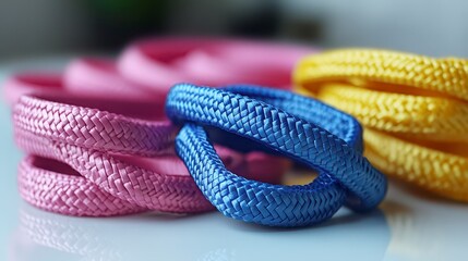 Colorful braided cords in pink, blue, and yellow.