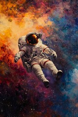 Space suit floats amidst colorful nebula.