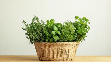 Fototapeta premium Fresh Herbs in a Basket on a Wooden Table