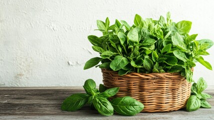 Naklejka premium Fresh Herbs in a Basket on a Wooden Table
