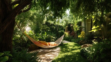 Serene hammock nestled in lush tropical garden.