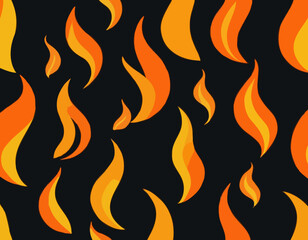 Orange and Yellow Flame on Dark Background. Vector Seamless Pattern. Cartoon Fire Texture. Abstract Background with Smoke and Flames