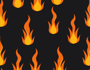 Orange and Yellow Flame on Dark Background. Vector Seamless Pattern. Cartoon Fire Texture. Abstract Background with Smoke and Flames