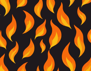 Orange and Yellow Flame on Dark Background. Vector Seamless Pattern. Cartoon Fire Texture. Abstract Background with Smoke and Flames