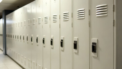 Row of closed gray school lockers in empty hallway