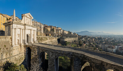 Bergamo, Italy. The old town. Landscape at the ancient gate Porta San Giacomo and the Venetian walls, an Unesco World Heritage. Bergamo touristic destination and best of Italy