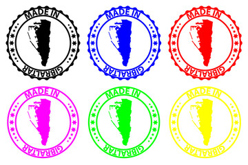 Made in Gibraltar - rubber stamp - vector, Gibraltar map pattern - black, blue, green, yellow, purple and red