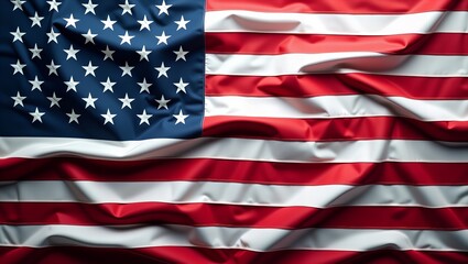 Szczegółowe zbliżenie flagi Stanów Zjednoczonych, ukazujące gwiazdy i paski z miękkimi, dynamicznymi fałdami i bogatą fakturą.

