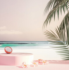 Obraz premium Minimal Podium for Product or Cosmetic Presentations with a Gorgeous Summer Beach Backdrop. Ideal for Stylish Outdoor Showcases, Product Launches, and Beachside Events.