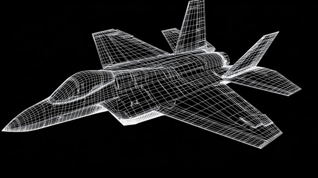 A wireframe model of a fighter jet displayed against a black background.