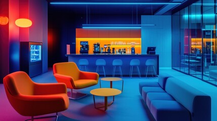 Modern office break room with colorful lighting and bar