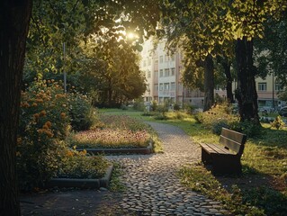 Obraz premium Cobblestone path leading through lush green park at sunset with empty bench