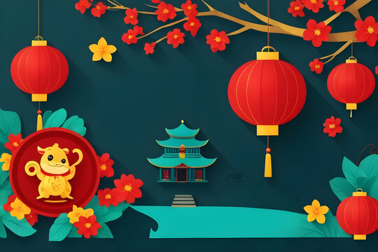 Chinese new year greeting card with golden rat and red lanterns hanging from blossoming tree