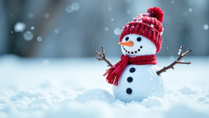 Fototapeta premium Cheerful snowman in red hat and scarf in winter wonderland